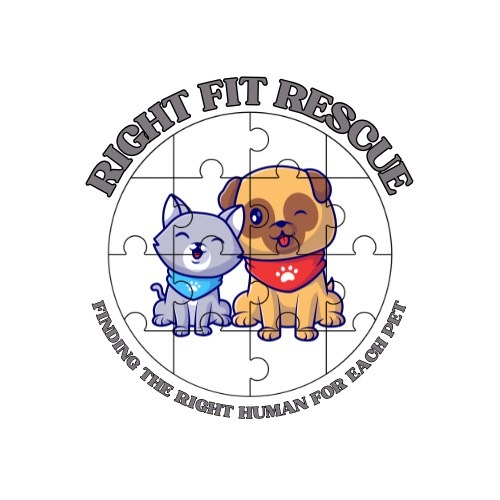 Right Fit Rescue logo showing a dog and a cat inside a puzzle design with the text “Finding the Right Human for Each Pet.”
