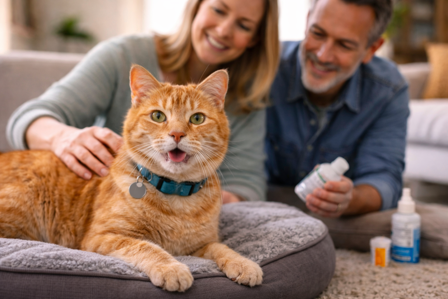 Charlie, an orange tabby foster cat, resting on a bed while receiving gentle care at home