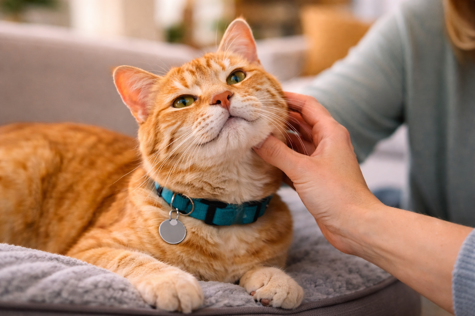 Charlie, an orange tabby foster cat, enjoying gentle chin scratches in a calm home