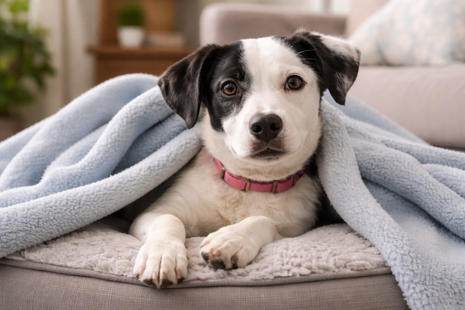 Luna, a black and white foster dog resting in a bed under a soft blanket at home