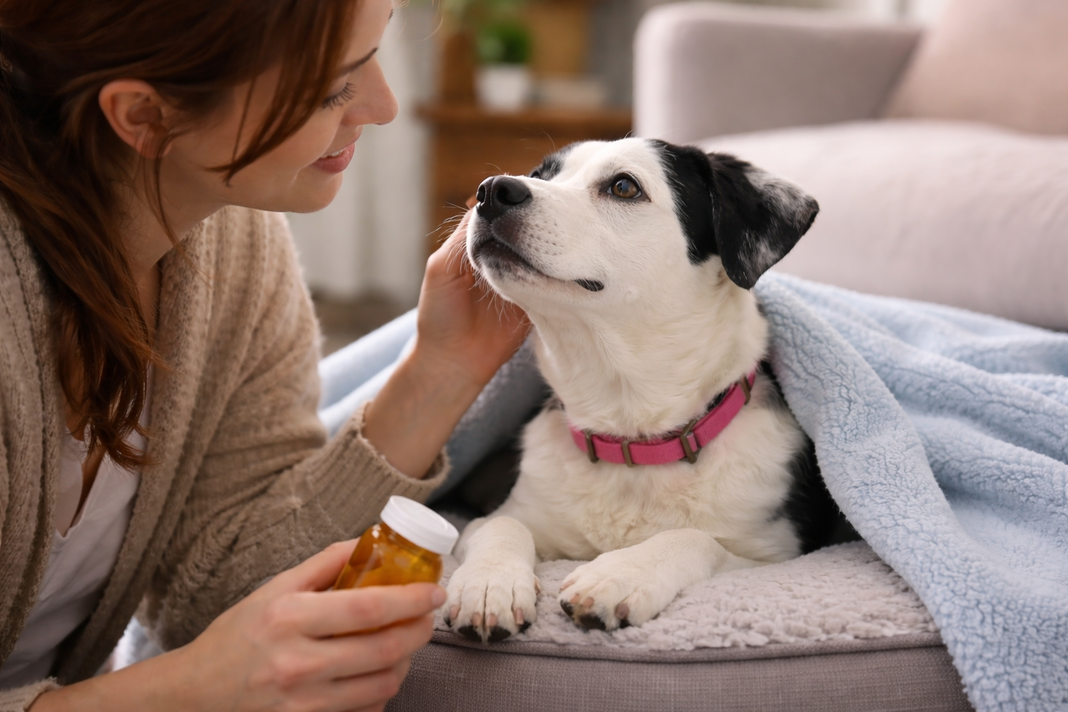 Foster caregiver gently comforting Luna, a black and white dog, while supporting her medical care at home