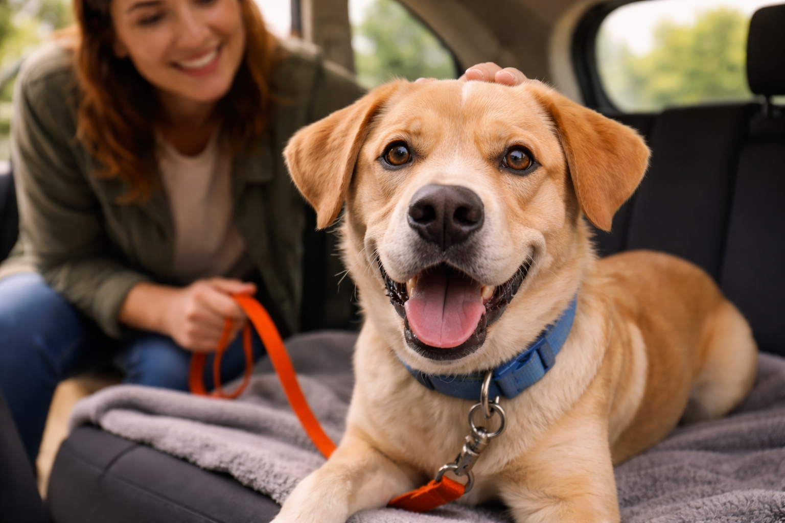 Max, a tan foster dog, sitting happily in the back seat of a car during a transport with his caregiver