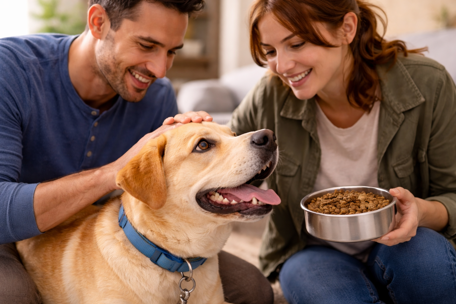 Max, a tan foster dog, being cared for in a home while his caregivers prepare his meal