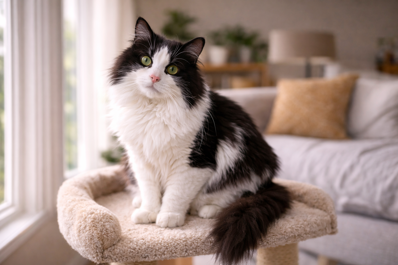 Milo, a black and white long-haired foster cat, sitting calmly on a cat tree by a window