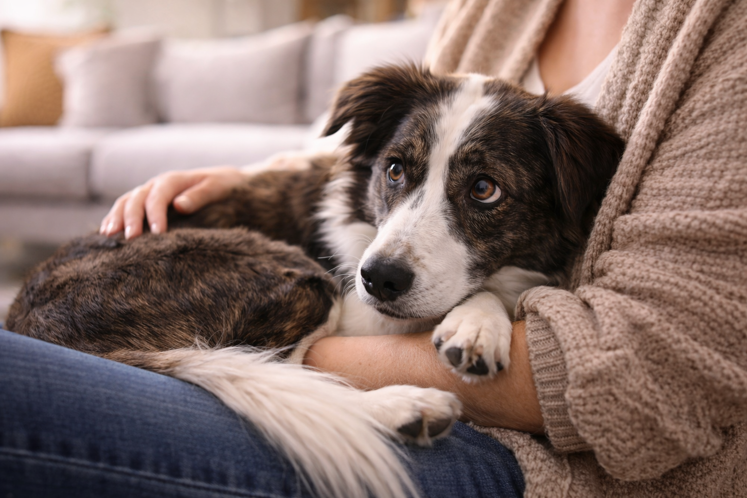 Willow, a brindle-and-white foster dog, receiving gentle reassurance from her caregiver in a quiet home setting
