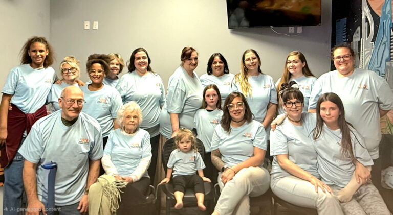 Group photo of the Right Fit Rescue team wearing matching shirts indoors.