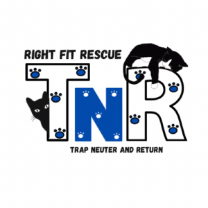 Right Fit Rescue TNR logo with cats and paw prints and the words “Trap Neuter and Return.”
